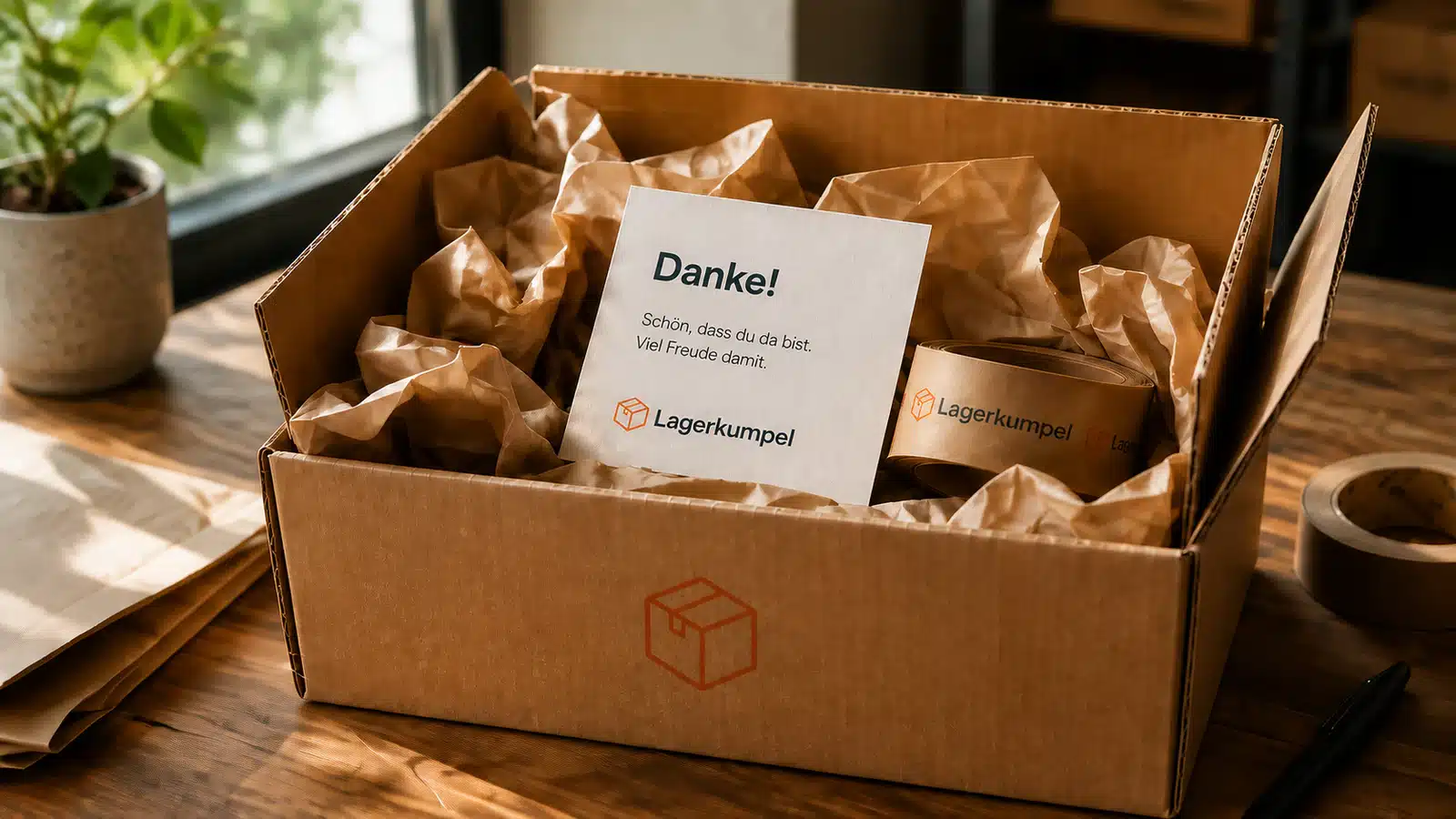 Geöffneter Lagerkumpel-Versandkarton mit Danke-Karte und sorgfältiger Verpackung