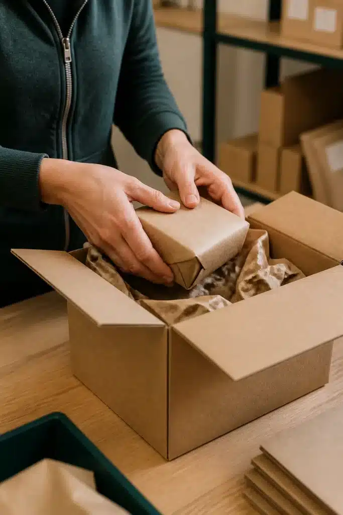 Hände beim sorgfältigen Verpacken einer Bestellung